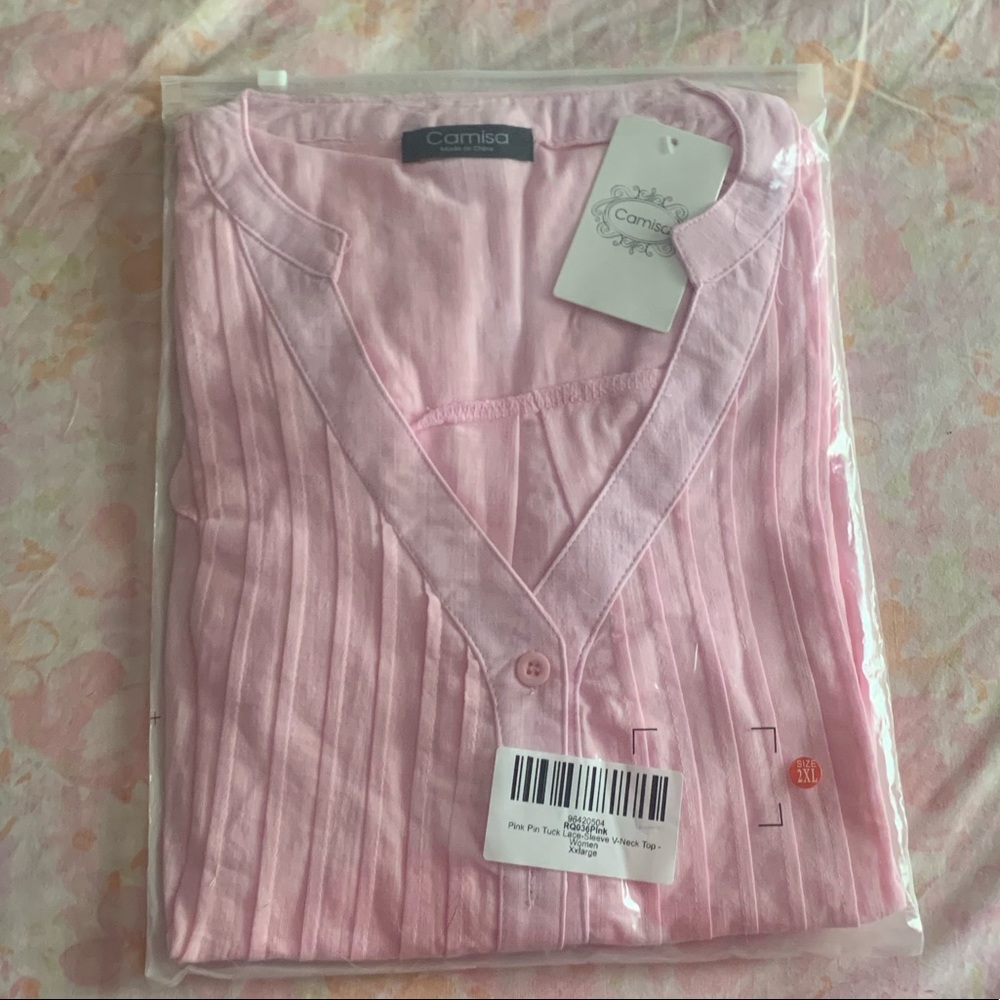 NWT Pink Pin Tuck Lace-Sleeve V-neck Top Women - Picture 4 of 5